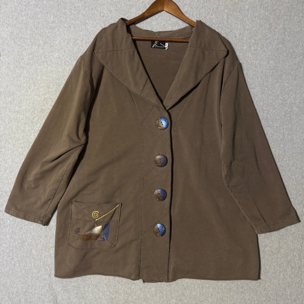 Fenini 2X Brown Cotton Blend Cardigan Style Jacket Artistic Pocket Made in USA